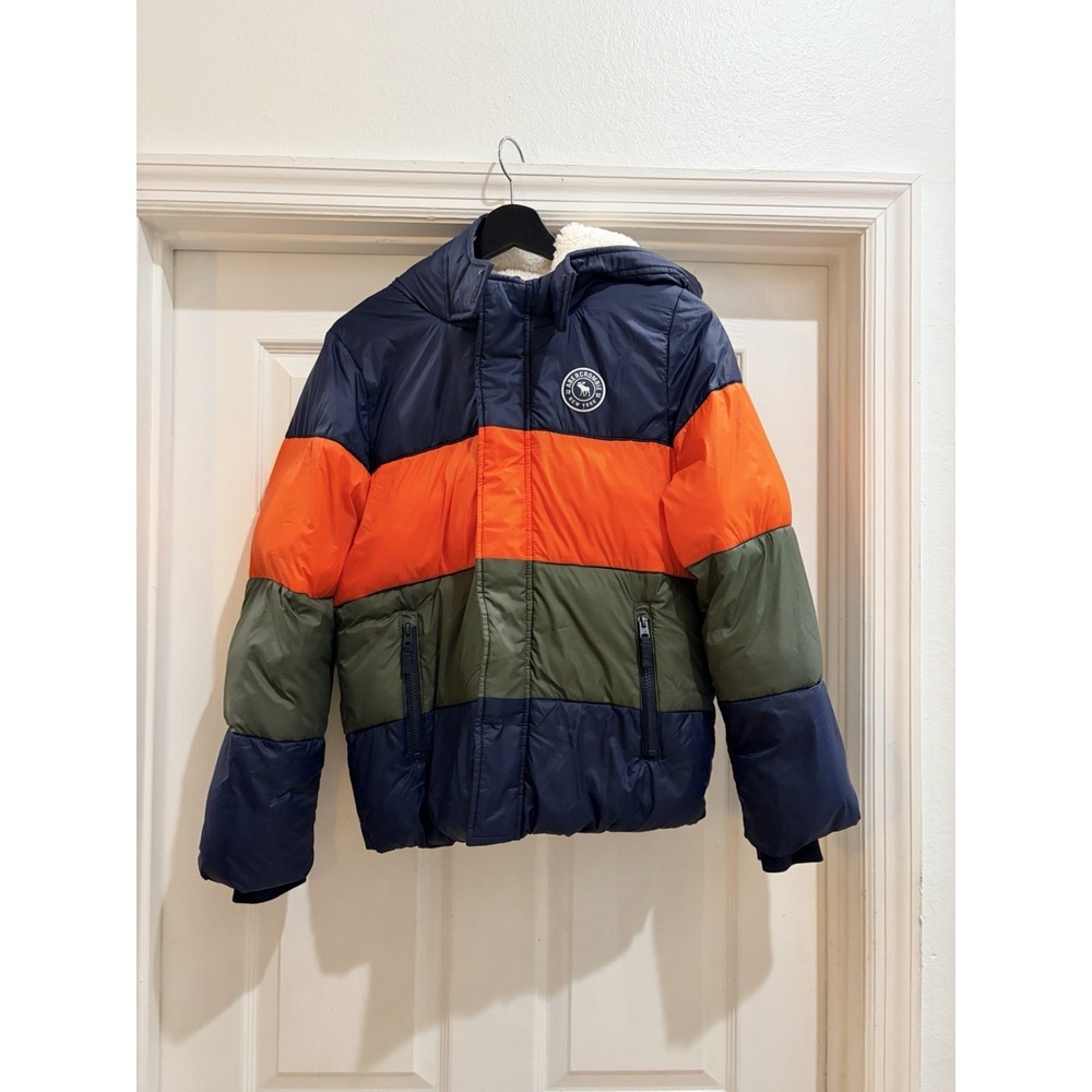 Abercrombie Kids Puffer Jacket 13/14 Youth XL Hooded Colorblock Orange Blue